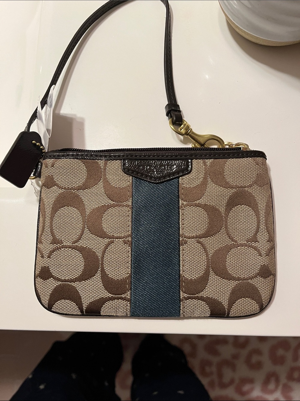 Coach Brown Signature Canvas Wristlet with Blue Center Stripe
